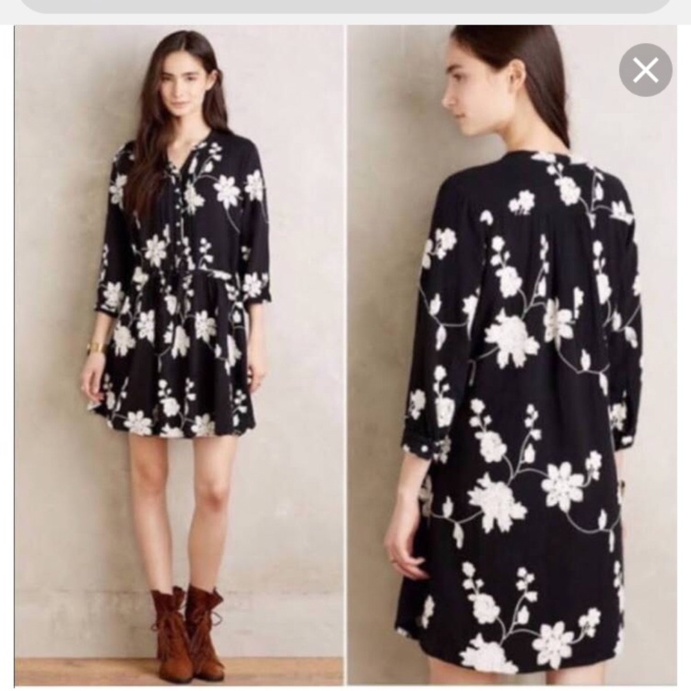 ANTHRO Black Flora Embroidered Dress